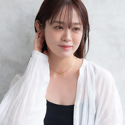 ネックレス ステンレス スネークチェーン メタル リボン ショートネックレス