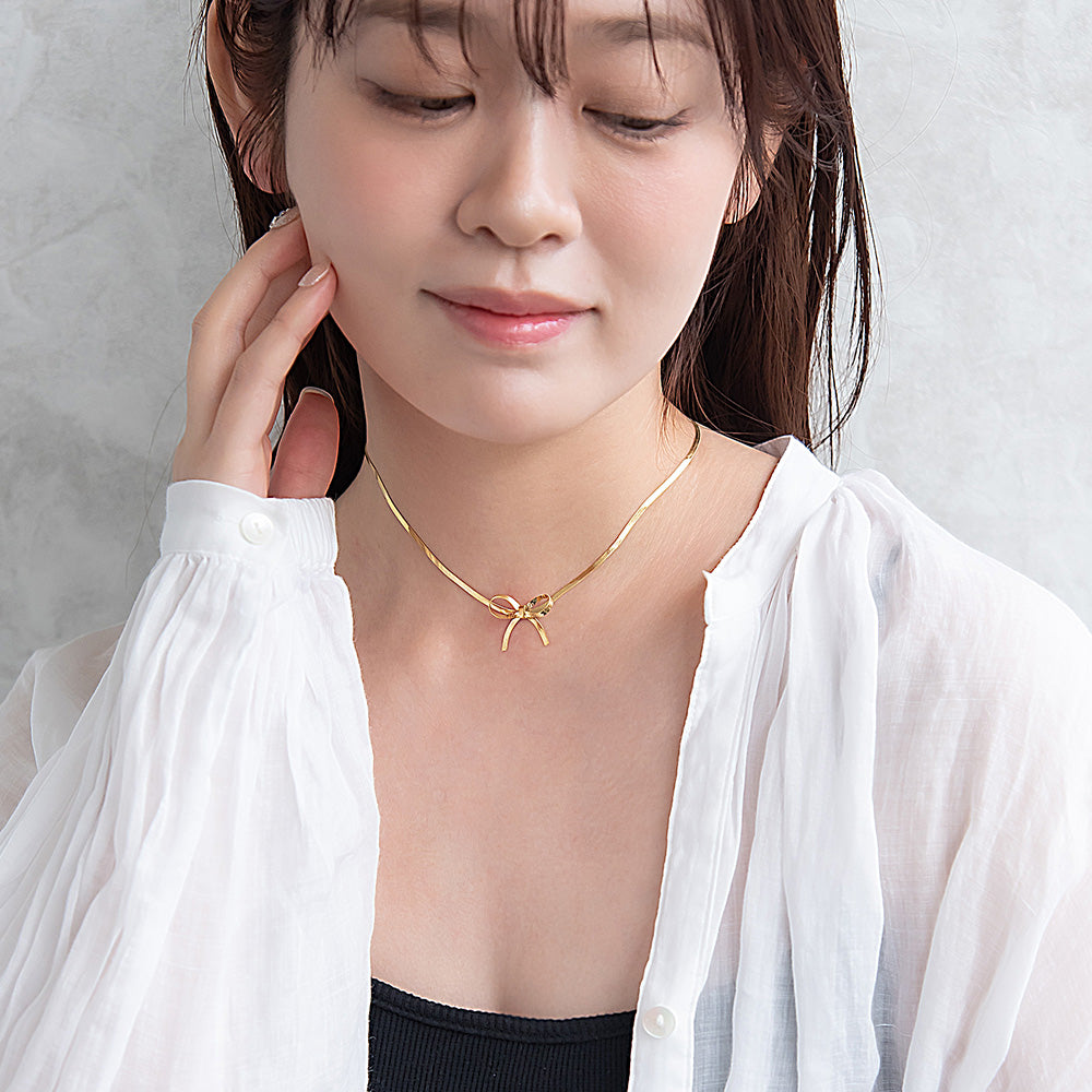 ネックレス ステンレス スネークチェーン メタル リボン ショートネックレス