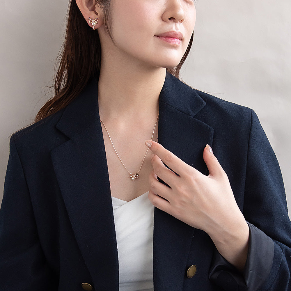 ネックレス ニッケルフリー ロゼシルバー リボン ロング ペンダントネックレス