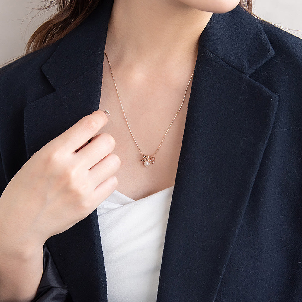 ネックレス ニッケルフリー ロゼシルバー リボン ロング ペンダントネックレス