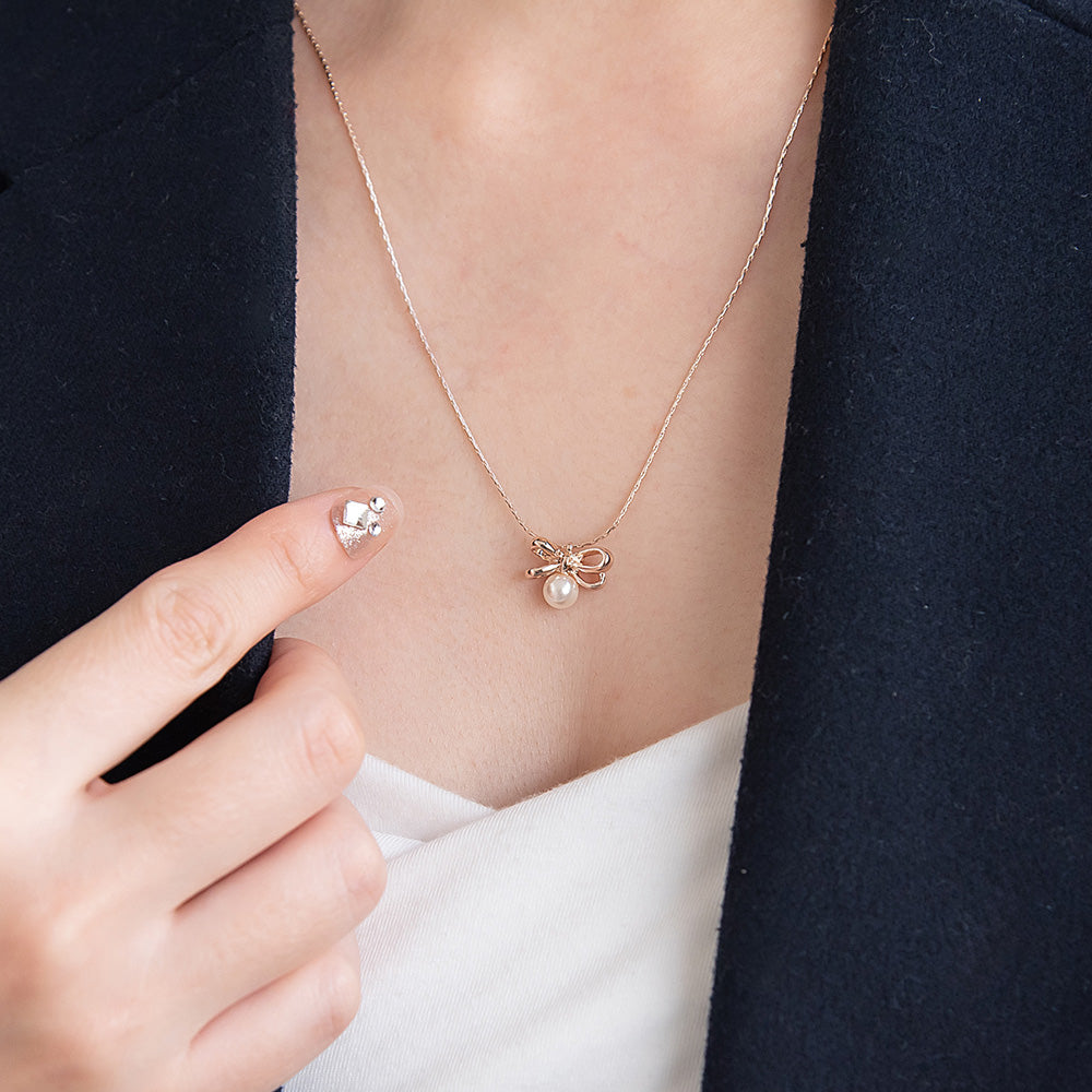 ネックレス ニッケルフリー ロゼシルバー リボン ロング ペンダントネックレス