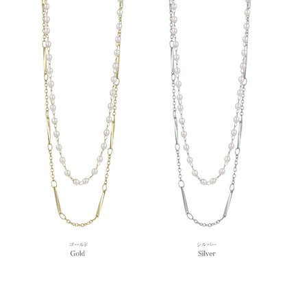 ネックレス ニッケルフリー ドット パール デザインチェーン 2連 ショートネックレス