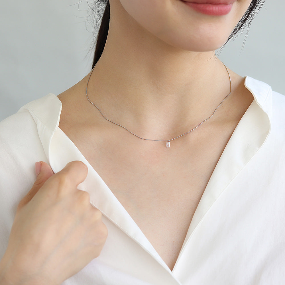 ネックレス ステンレス メタル キュービックジルコニア レクタングル 超極細 チェーン マグネット プチネックレス