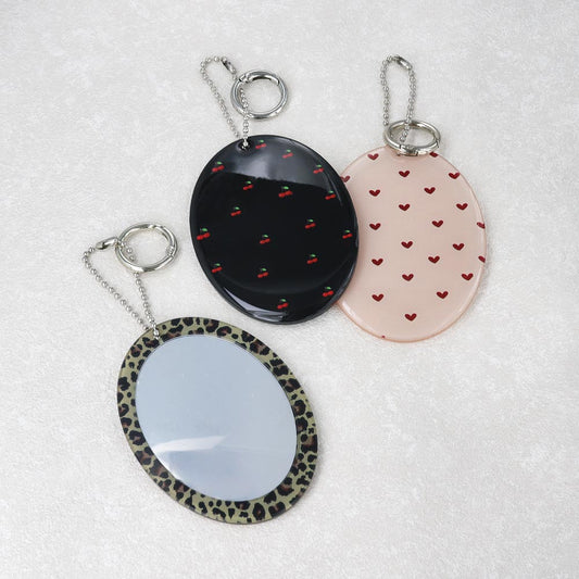ミラーチャーム オーバル ハート レオパード ヒョウ柄 チェリー プリント 柄 カラビナ リング 丸型 ミニミラー 鏡 手鏡