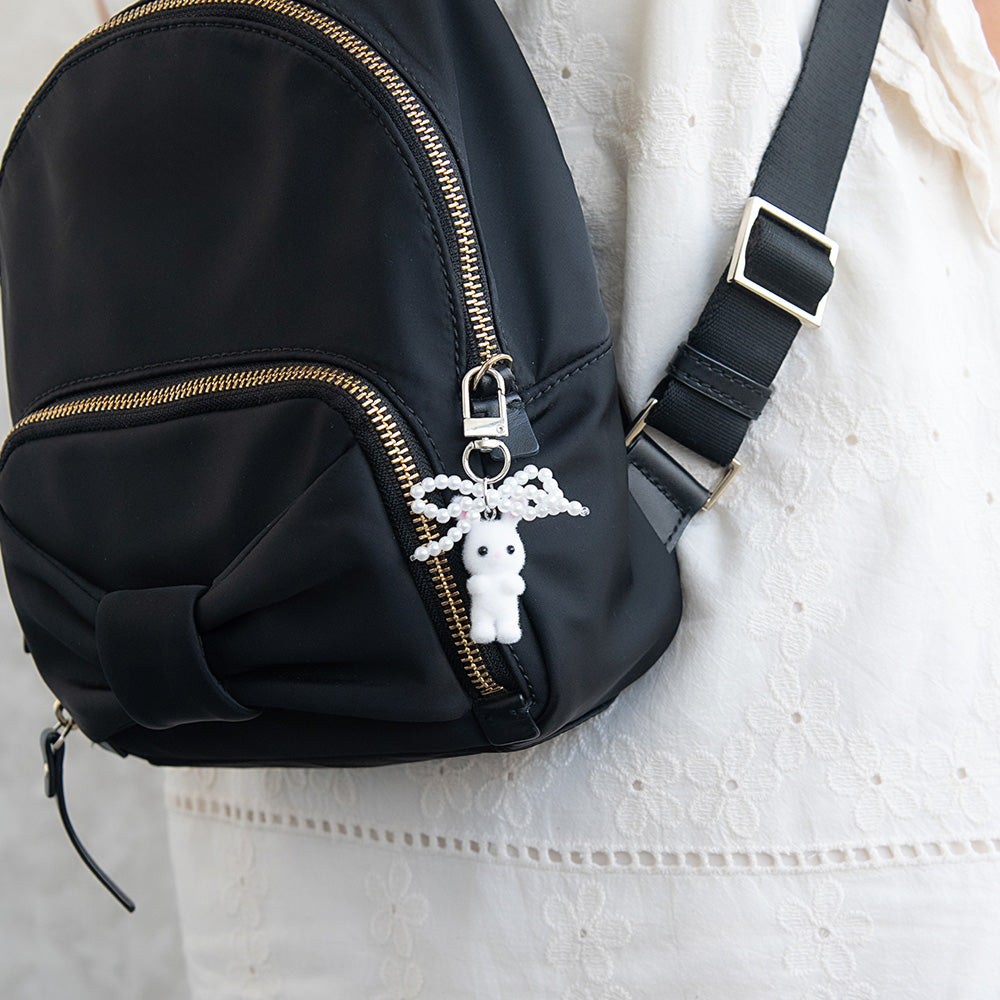 バッグチャーム ウサギ リボン パール フロッキー キーホルダー