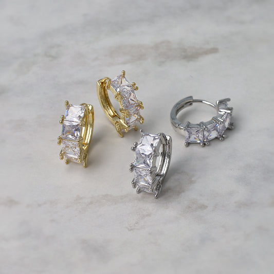 ピアス ニッケルフリー メタル キュービックジルコニア スクエア ライン ワンタッチ フープピアス