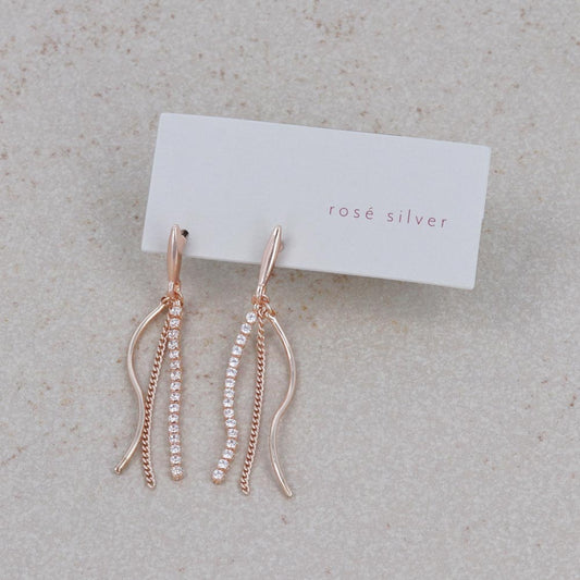 ピアス ニッケルフリー ロゼシルバー メタル ステック ストーン 連爪 ウェーブ ライン キヘイチェーン チタンポスト ドロップピアス