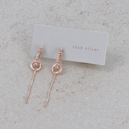 ピアス ニッケルフリー ロゼシルバー メタル カーブ ライン ストーン 連爪 リング チェーン スイング チタンポスト ドロップピアス