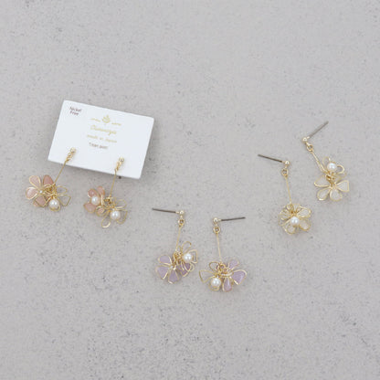 ピアス ニッケルフリー メタル ダブル フラワー 花 立体 ワイヤー パール パステルカラー チタンポスト スタッドピアス