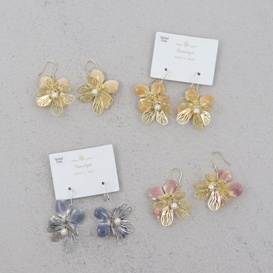 ピアス ニッケルフリー メタル 透かし フラワー 花 立体 パール バイカラー フックピアス