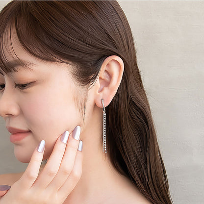 ピアス ニッケルフリー メタル カーブ J ライン ストーン 連爪 キヘイチェーン ロング ステンレスポスト スタッドピアス