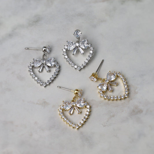 ピアス ニッケルフリー メタル キュービックジルコニア リボン ハート ステンレスポスト スタッドピアス