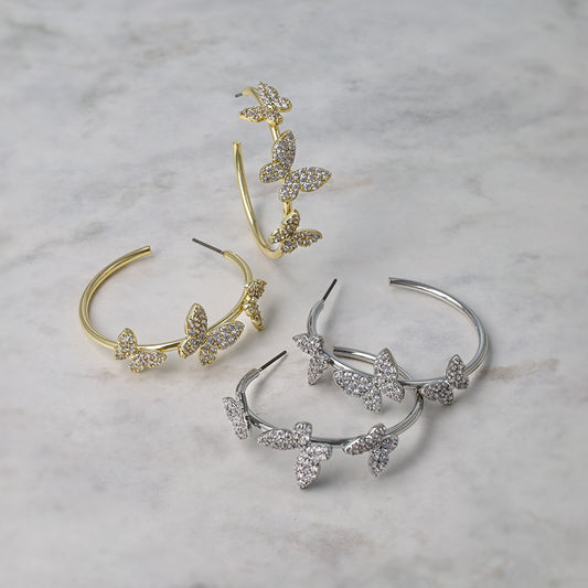 ピアス メタル キュービックジルコニア パヴェ ストーン トリプル バタフライ 蝶 チタンポスト C型 スタッドピアス