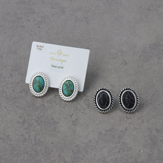 ピアス ニッケルフリー メタル フレーム オーバル コンチョ 合成石 ターコイズ風 チタンポスト スタッドピアス