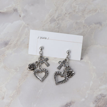 ピアス yura ニッケルフリー メタル ハート クロス バラ オーバルチェーン チタンポスト スタッドピアス