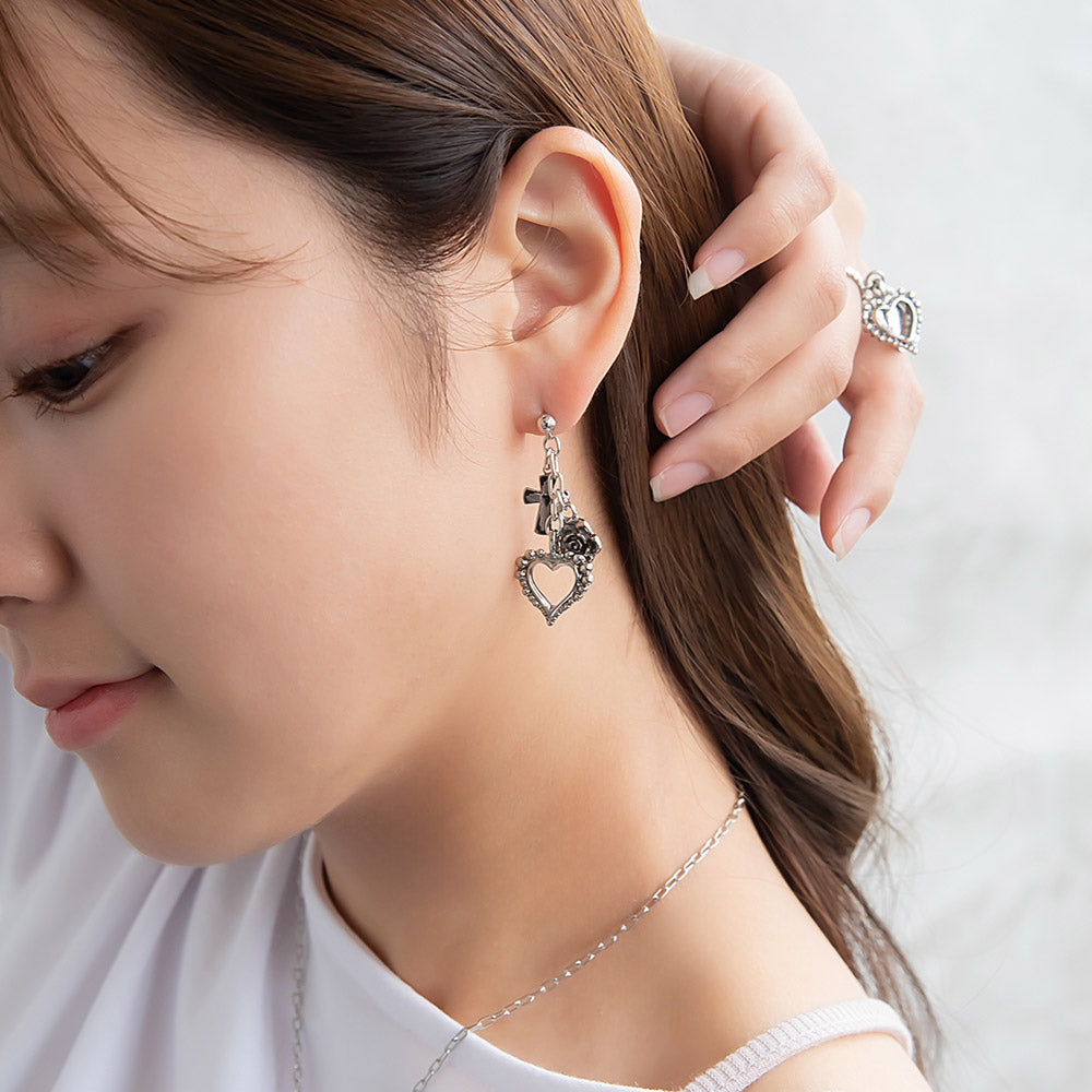ピアス yura ニッケルフリー メタル ハート クロス バラ オーバルチェーン チタンポスト スタッドピアス
