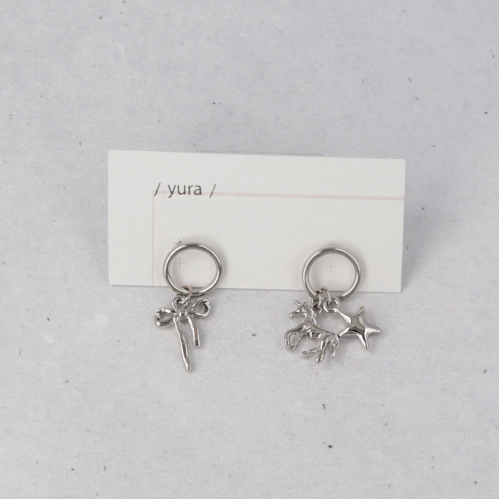 ピアス yura ニッケルフリー メタル リング リボン ユニコーン スター アシンメトリー チタンポスト スタッドピアス
