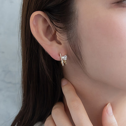 ピアス ニッケルフリー メタル キュービックジルコニア ハート ダブル ライン J チタンポスト C型 スタッドピアス