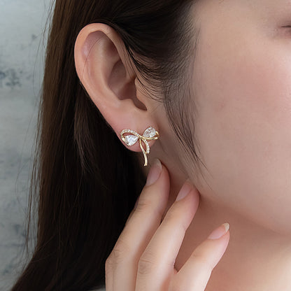 ピアス ニッケルフリー メタル キュービックジルコニア ドロップ リボン チタンポスト スタッドピアス