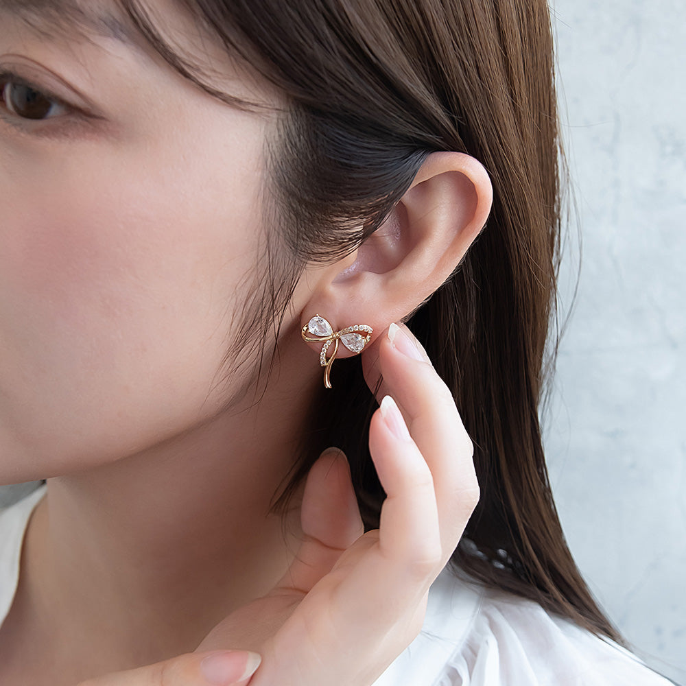 ピアス ニッケルフリー メタル キュービックジルコニア ドロップ リボン チタンポスト スタッドピアス