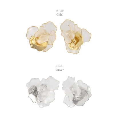 Classy ピアス ニッケルフリー メタル ワイヤー フラワー 半透明 ビッグ チタンポスト スタッドピアス