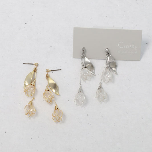 Classy ピアス ニッケルフリー メタル ワイヤー フラワー ダブル 半透明 リーフ 下がり チタンポスト スタッドピアス