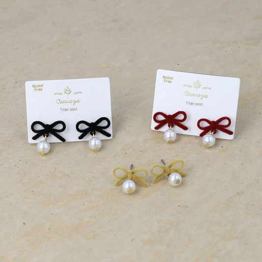 ピアス ニッケルフリー メタル フロッキー カラー リボン パール チタンポスト スタッドピアス