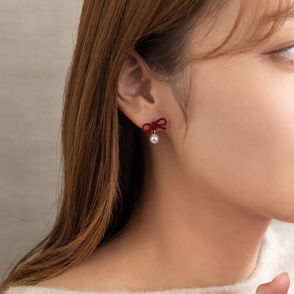 ピアス ニッケルフリー メタル フロッキー カラー リボン パール チタンポスト スタッドピアス