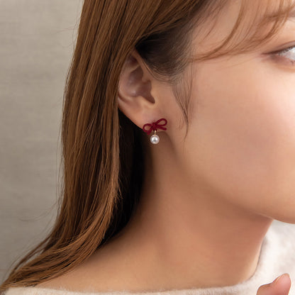 ピアス ニッケルフリー メタル フロッキー カラー リボン パール チタンポスト スタッドピアス