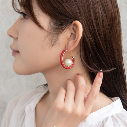 ピアス ニッケルフリー メタル フェイクレザー カラー 柄 インサイド パール オーバル C型 シルバー925ポスト スタッドピアス