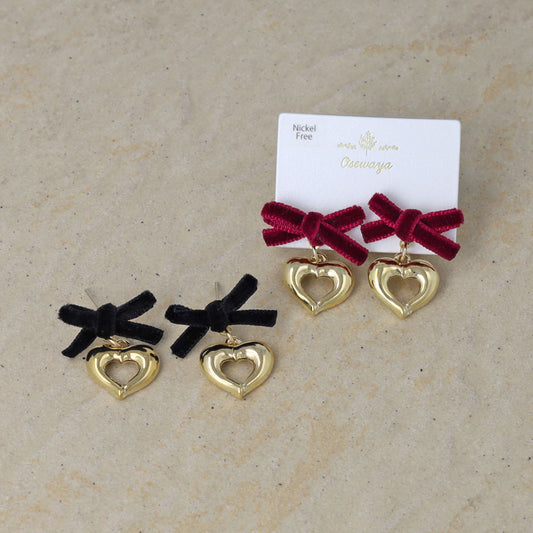 ピアス ニッケルフリー リボン ハート ベロア ステンレスポスト スタッドピアス