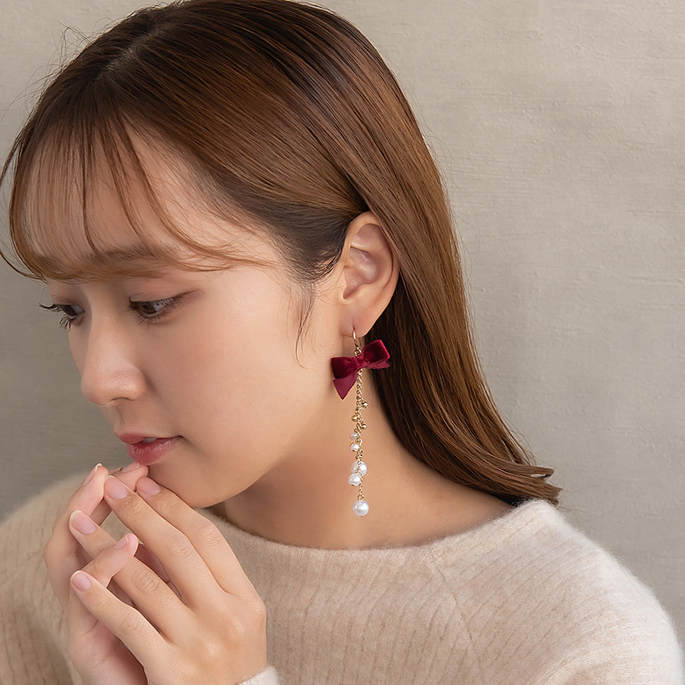 ピアス ベロア リボン パール メタルビーズ ロング チェーン