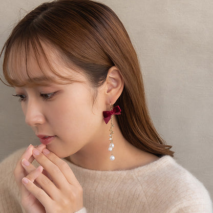 ピアス ベロア リボン パール メタルビーズ ロング チェーン サージカルステンレスポスト フックピアス