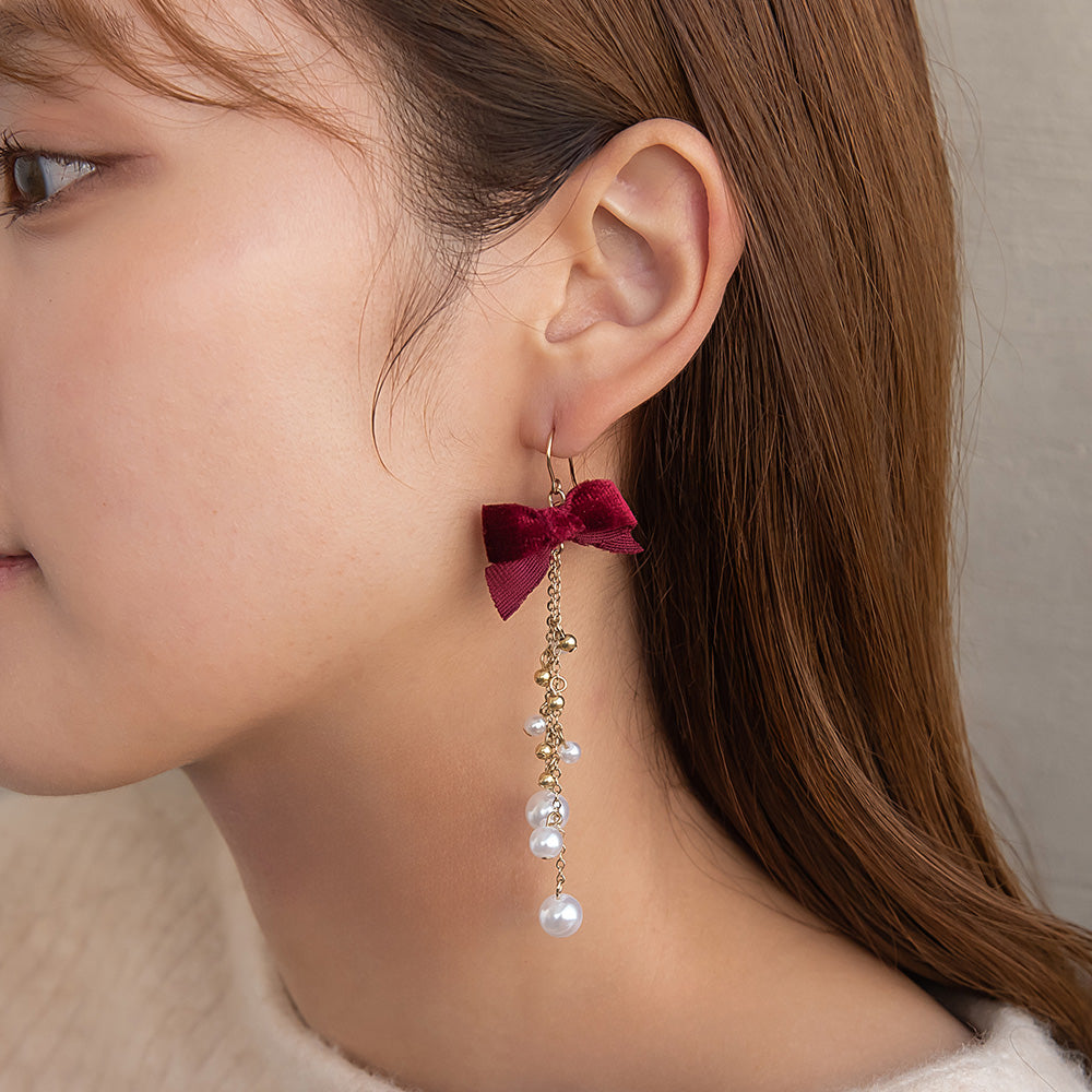 ピアス ベロア リボン パール メタルビーズ ロング チェーン サージカルステンレスポスト フックピアス