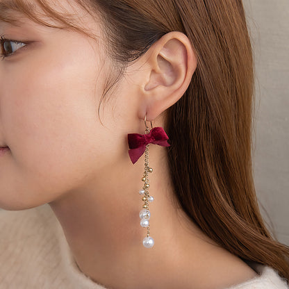 ピアス ベロア リボン パール メタルビーズ ロング チェーン サージカルステンレスポスト フックピアス