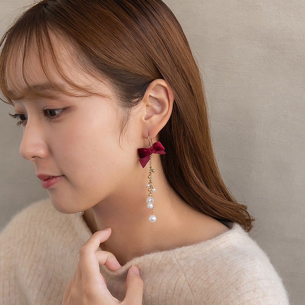 ピアス ベロア リボン パール メタルビーズ ロング チェーン サージカルステンレスポスト フックピアス