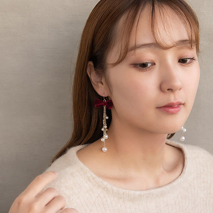 ピアス ベロア リボン パール メタルビーズ ロング チェーン サージカルステンレスポスト フックピアス