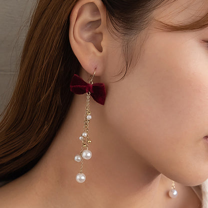 ピアス ベロア リボン パール メタルビーズ ロング チェーン サージカルステンレスポスト フックピアス