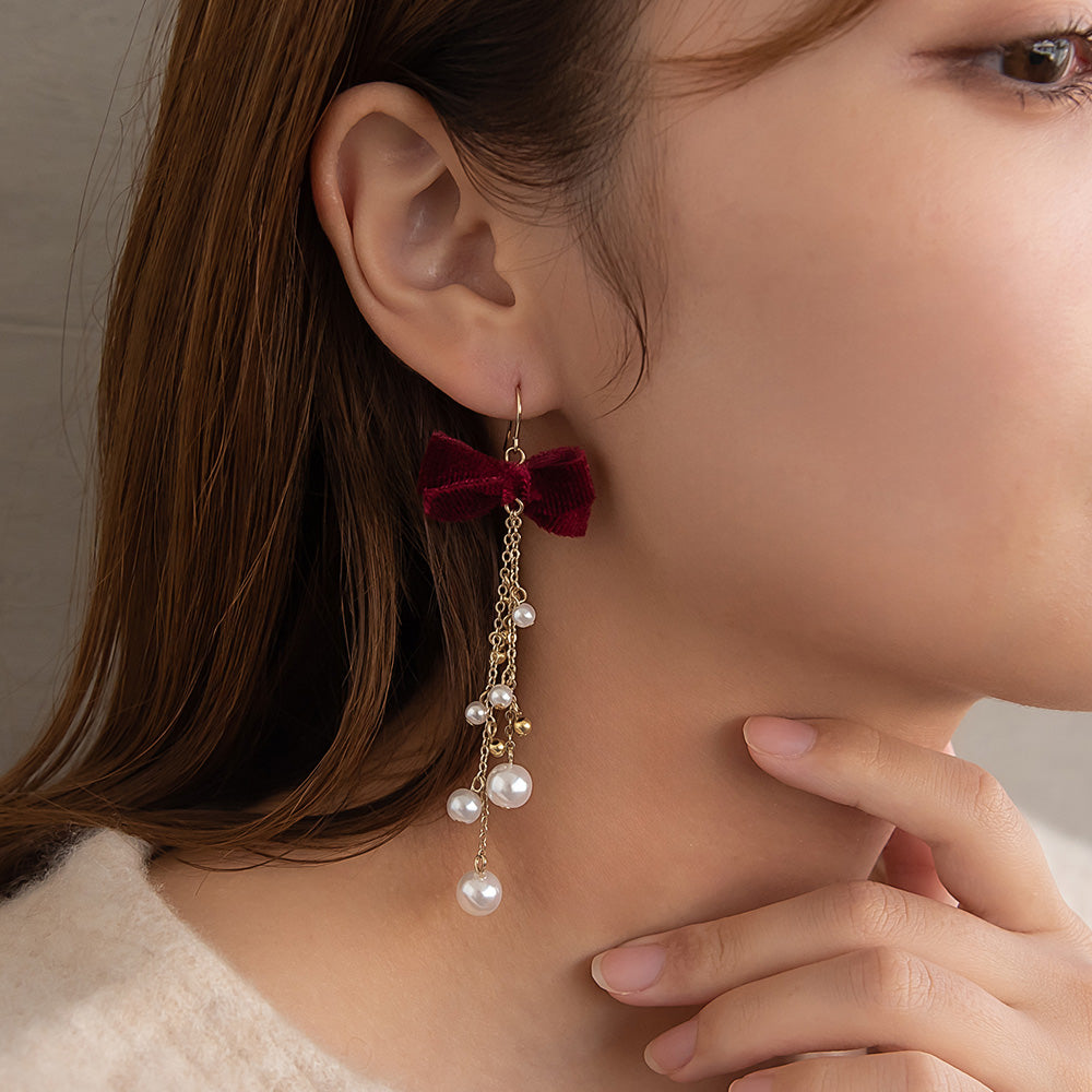 ピアス ベロア リボン パール メタルビーズ ロング チェーン