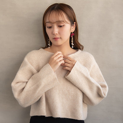 ピアス ベロア リボン パール メタルビーズ ロング チェーン サージカルステンレスポスト フックピアス