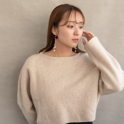 ピアス ベロア リボン パール メタルビーズ ロング チェーン サージカルステンレスポスト フックピアス