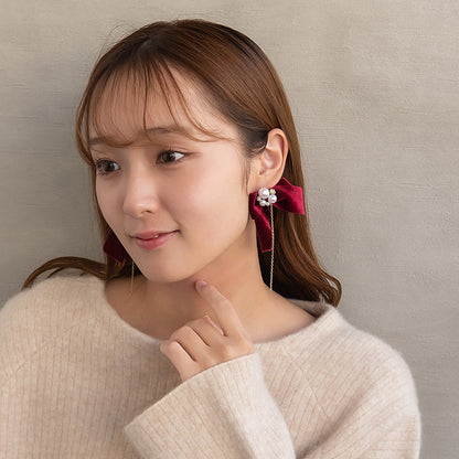 ピアス ビッグ ベロア リボン パール ストーン ロング チェーン チタンポスト スタッドピアス