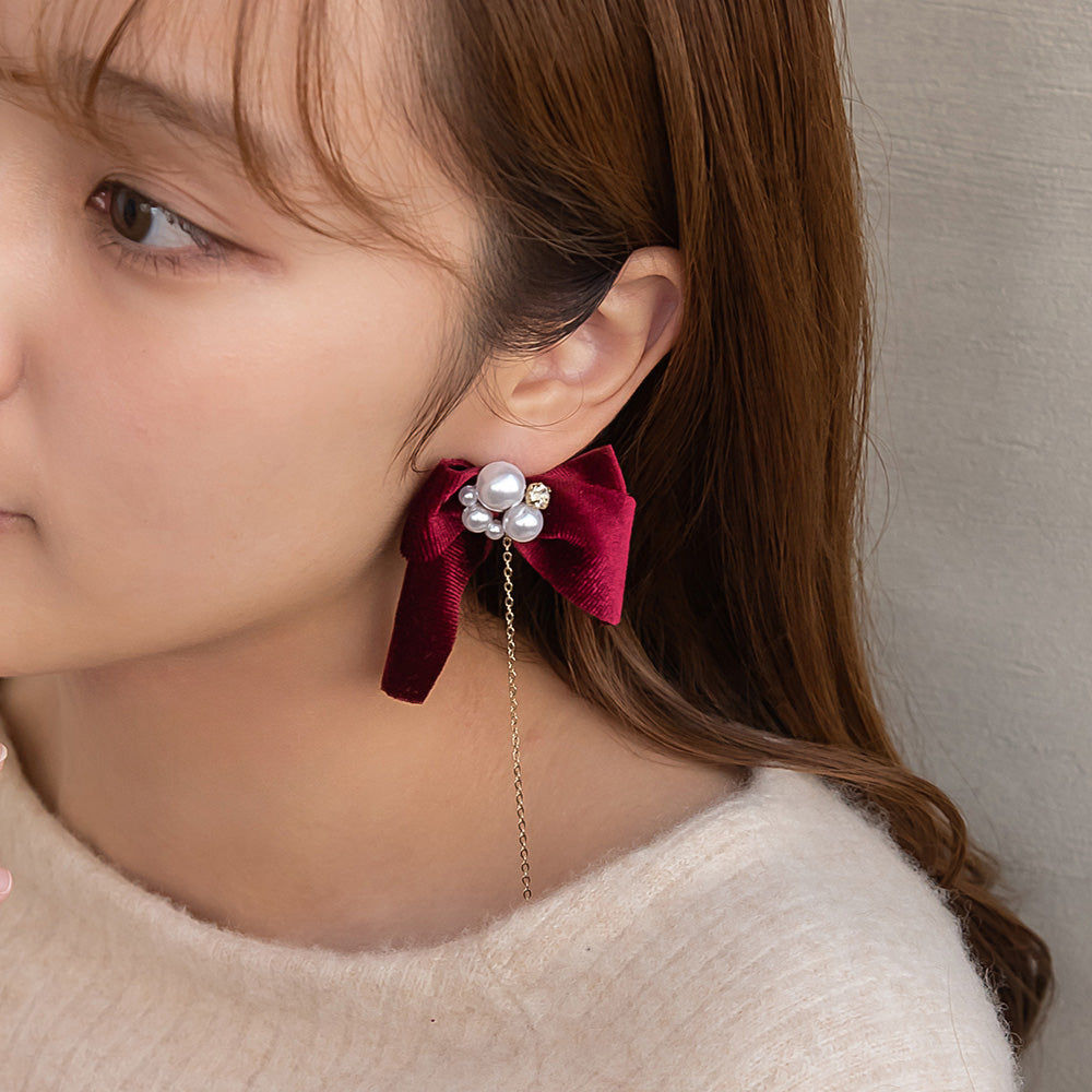 ピアス ビッグ ベロア リボン パール ストーン ロング チェーン チタンポスト スタッドピアス