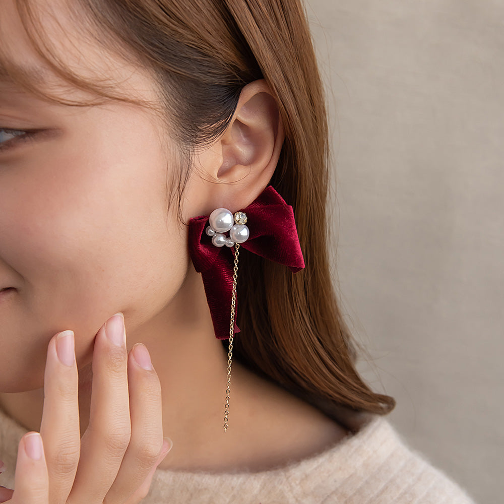 ピアス ビッグ ベロア リボン パール ストーン ロング チェーン チタンポスト スタッドピアス