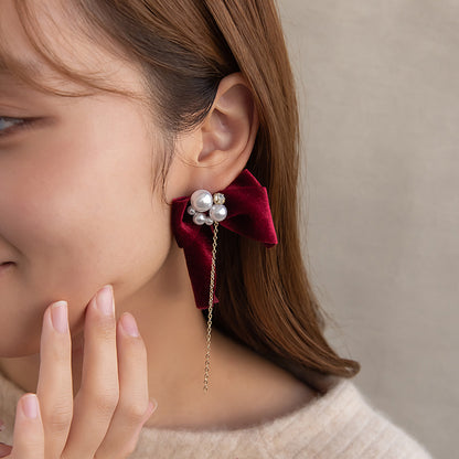 ピアス ビッグ ベロア リボン パール ストーン ロング チェーン チタンポスト スタッドピアス