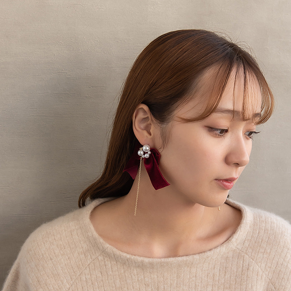 ピアス ビッグ ベロア リボン パール ストーン ロング チェーン チタンポスト スタッドピアス