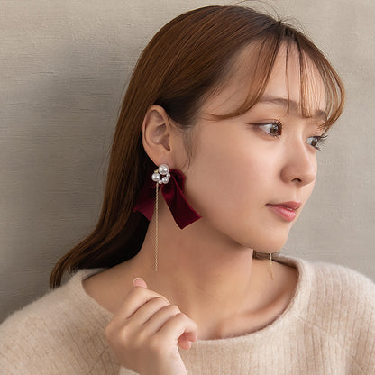 ピアス ビッグ ベロア リボン パール ストーン ロング チェーン チタンポスト スタッドピアス