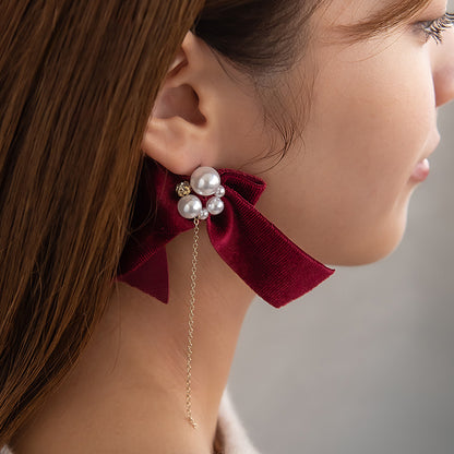 ピアス ビッグ ベロア リボン パール ストーン ロング チェーン チタンポスト スタッドピアス