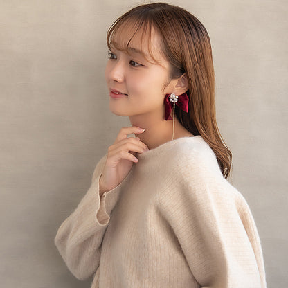 ピアス ビッグ ベロア リボン パール ストーン ロング チェーン チタンポスト スタッドピアス