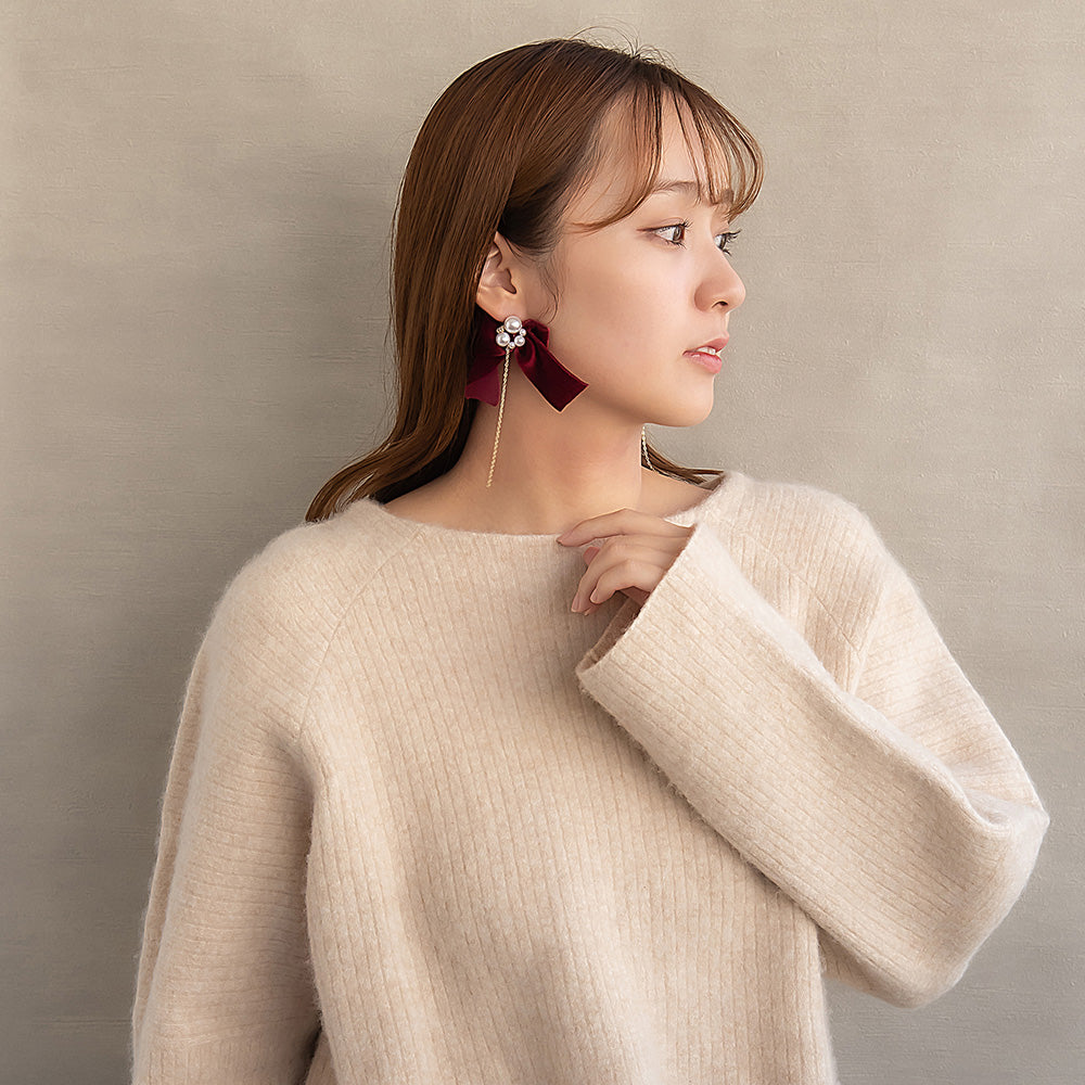 ピアス ビッグ ベロア リボン パール ストーン ロング チェーン チタンポスト スタッドピアス